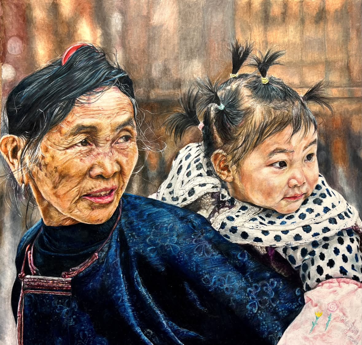 Family Line — color pencil illustration of a grandmother and grandchild